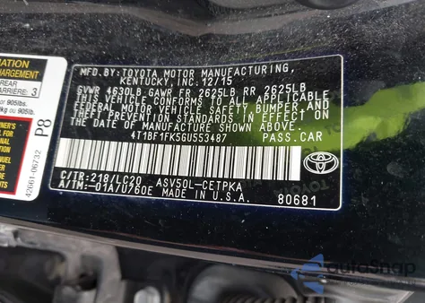 2016 Toyota Camry Xse z USA, uszkodzony, nr VIN 4T1BF1FK5GU553487